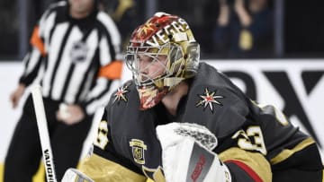 LAS VEGAS, NV - NOVEMBER 19: Maxime Lagace #33 of the Vegas Golden Knights defends his goal against the Los Angeles Kings during the game at T-Mobile Arena on November 19, 2017 in Las Vegas, Nevada. (Photo by Jeff Bottari/NHLI via Getty Images)