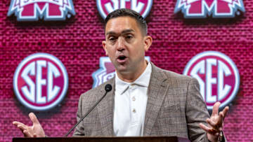 Oct 19, 2023; Birmingham, AL, USA; Mississippi State Bulldogs head coach Sam Purcell talks with the media during the SEC Basketball Tipoff at Grand Bohemian Hotel Mountain Brook. Mandatory Credit: Vasha Hunt-USA TODAY Sports