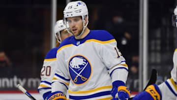 Apr 11, 2021; Philadelphia, Pennsylvania, USA; Buffalo Sabres winger Riley Sheahan (15) looks on in the second period against the Philadelphia Flyers at Wells Fargo Center. Mandatory Credit: Kyle Ross-USA TODAY Sports