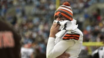 Dec 21, 2014; Charlotte, NC, USA; Cleveland Browns quarterback Johnny Manziel (2) on the sidelines in the third quarter at Bank of America Stadium. Mandatory Credit: Bob Donnan-USA TODAY Sports