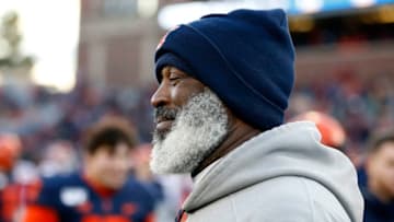 CHAMPAIGN, ILLINOIS - NOVEMBER 02: Head coach Lovie Smith of the Illinois Fighting Illini on the field after a win over the Rutgers Scarlet Knights at Memorial Stadium on November 02, 2019 in Champaign, Illinois. (Photo by Justin Casterline/Getty Images)