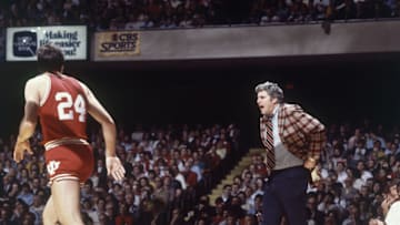 Mar 13, 1982; Nashville, TN, USA; FILE PHOTO; Indiana Hoosiers head coach Bobby Knight talks to guard Randy Wittman (24) during a game against the UAB Blazers for the 1982 NCAA Basketball Tournament at Memorial Gymnasium. Mandatory Credit: Tony Tomsic-USA TODAY NETWORK