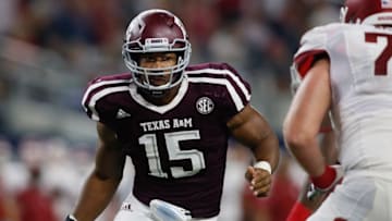 Sep 24, 2016; Dallas, TX, USA; Texas A&M Aggies defensive lineman Myles Garrett (15) in game action against the Arkansas Razorbacks at AT&T Stadium. Texas A&M won 45-24. Mandatory Credit: Tim Heitman-USA TODAY Sports