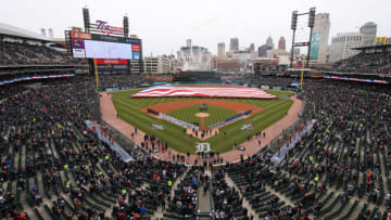 DETROIT, MICHIGAN - APRIL 04: General view of the National Anthem prior to a game between the Kansas City Royals and the Detroit Tigers during Opening Day at Comerica Park on April 04, 2019 in Detroit, Michigan. (Photo by Gregory Shamus/Getty Images)