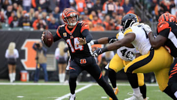 CINCINNATI, OH - OCTOBER 14: Andy Dalton #14 of the Cincinnati Bengals;throw a pass against the Pittsburgh Steelers at Paul Brown Stadium on October 14, 2018 in Cincinnati, Ohio. (Photo by Andy Lyons/Getty Images)