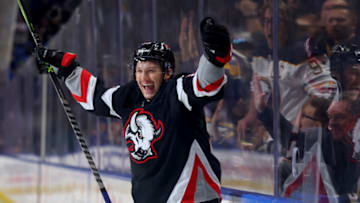 Dec 4, 2022; Buffalo, New York, USA; Buffalo Sabres left wing Jeff Skinner (53) reacts after scoring a goal during the second period against the San Jose Sharks at KeyBank Center. Mandatory Credit: Timothy T. Ludwig-USA TODAY Sports