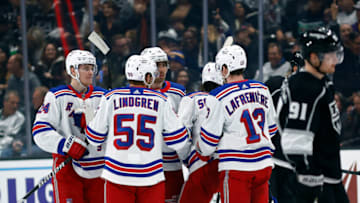 LOS ANGELES, CALIFORNIA - NOVEMBER 22: The New York Rangers celebrate a goal against the Los Angeles Kings in the second period at Crypto.com Arena on November 22, 2022 in Los Angeles, California. (Photo by Ronald Martinez/Getty Images)