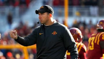 AMES, IA - OCTOBER 28: Head coach Matt Campbell of the Iowa State Cyclones coaches from the sidelines in the first half of play at Jack Trice Stadium on October 28, 2017 in Ames, Iowa. (Photo by David Purdy/Getty Images)