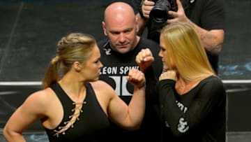Sep 4, 2015; Las Vegas, NV, USA; UFC President Dana White looks on as Champion Ronda Rousey and challenger Holly Holm face-off at the MGM Grand Garden Arena to promote their upcoming fight, UFC 194, in Dallas, Tx. Mandatory Credit: Jayne Kamin-Oncea-USA TODAY Sports