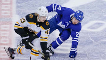 TORONTO, ON - APRIL 15: Toronto Maple Leafs right wing Kasperi Kapanen (24) looks to close down the rush of Boston Bruins center Danton Heinen (43). Toronto Maple Leafs VS Boston Bruins during 3rd period of Round 1 of NHL playoff play at Scotiabank Arena. Leafs win 3-2 and lead the series 2-1. Toronto Star/Rick Madonik (Rick Madonik/Toronto Star via Getty Images)