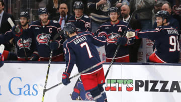 Jan 21, 2023; Columbus, Ohio, USA; Columbus Blue Jackets center Sean Kuraly (7) celebrates his goal against the San Jose Sharks during the third period at Nationwide Arena. Mandatory Credit: Russell LaBounty-USA TODAY Sports