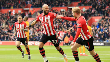 SOUTHAMPTON, ENGLAND - APRIL 13: Nathan Redmond of Southampton celebrates after scoring his team's first goal with Josh Sims of Southampton during the Premier League match between Southampton FC and Wolverhampton Wanderers at St Mary's Stadium on April 13, 2019 in Southampton, United Kingdom. (Photo by Marc Atkins/Getty Images)