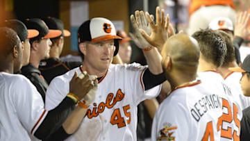 Jul 8, 2016; Baltimore, MD, USA; Baltimore Orioles right fielder Mark Trumbo (45) celebrates with teammates in the dugout after his two run home run in the ninth inning against the Los Angeles Angels at Oriole Park at Camden Yards. Los Angeles Angels defeated Baltimore Orioles 9-5. Mandatory Credit: Tommy Gilligan-USA TODAY Sports