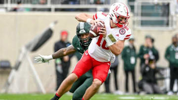 Michigan State's Jordan Hall, left, pressures Nebraska's Heinrich Haarberg during the second quarter on Saturday, Nov. 4, 2023, at Spartan Stadium in East Lansing.