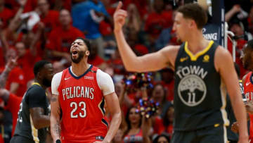 NEW ORLEANS, LA - MAY 04: Anthony Davis #23 of the New Orleans Pelicans reacts after scoring against the Golden State Warriors (Photo by Sean Gardner/Getty Images)