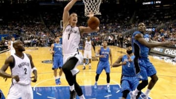 Jan 2, 2015; Orlando, FL, USA; Brooklyn Nets center Mason Plumlee (1) dunks the ball during the second half of a NBA basketball game against the Orlando Magic at Amway Center. The Brooklyn Nets won 100-98. Mandatory Credit: Reinhold Matay-USA TODAY Sports