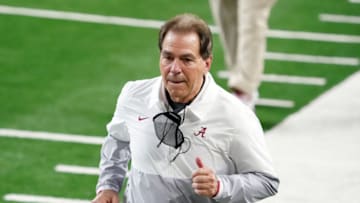 Jan 1, 2021; Arlington, TX, USA; Alabama Crimson Tide head coach Nick Saban returns to the locker room at halftime against the Notre Dame Fighting Irish during the Rose Bowl at AT&T Stadium. Mandatory Credit: Kirby Lee-USA TODAY Sports