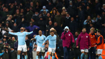MANCHESTER, ENGLAND - NOVEMBER 29: Raheem Sterling of Manchester City celebrates after scoring his sides second goal during the Premier League match between Manchester City and Southampton at Etihad Stadium on November 29, 2017 in Manchester, England. (Photo by Clive Brunskill/Getty Images)