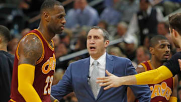 SAN ANTONIO,TX - JANUARY 14: Head coach David Blatt of the Cleveland Cavaliers greets LeBron James #23 of the Cleveland Cavaliers at AT&T Center on January 14, 2016 in San Antonio, Texas. NOTE TO USER: User expressly acknowledges and agrees that , by downloading and or using this photograph, User is consenting to the terms and conditions of the Getty Images License Agreement. (Photo by Ronald Cortes/Getty Images)