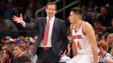 Dec 22, 2016; New York, NY, USA; New York Knicks head coach Jeff Hornacek talks to New York Knicks center Willy Hernangomez (14) during the first quarter against the Orlando Magic at Madison Square Garden. Mandatory Credit: Brad Penner-USA TODAY Sports
