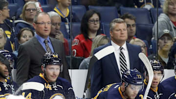 Sep 27, 2016; Buffalo, NY, USA; Buffalo Sabres head coach Dan Bylsma (left) watches play during the first period against the Ottawa Senators at KeyBank Center. Mandatory Credit: Kevin Hoffman-USA TODAY Sports