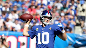 EAST RUTHERFORD, NEW JERSEY - SEPTEMBER 15: Eli Manning #10 of the New York Giants in action against the Buffalo Bills during their game at MetLife Stadium on September 15, 2019 in East Rutherford, New Jersey. (Photo by Al Bello/Getty Images)