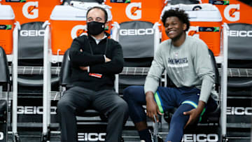 President of Basketball Operations Gersson Rosas and Anthony Edwards of the Minnesota Timberwolves. (Photo by Steph Chambers/Getty Images)