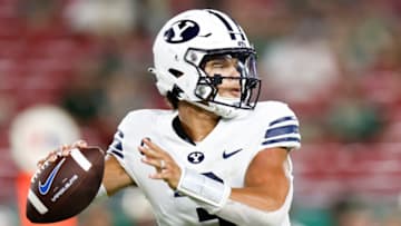 Sep 3, 2022; Tampa, Florida, USA; Brigham Young Cougars quarterback Jaren Hall (3) looks to pass against the South Florida Bulls during the second half at Raymond James Stadium. Mandatory Credit: Douglas DeFelice-USA TODAY Sports