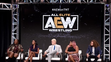 BEVERLY HILLS, CALIFORNIA - JULY 24: (L-R) Kia Stevens aka Awesome Kong, Brandi Rhodes, Cody Rhodes, Nyla Rose, and Jack Perry aka Jungle Boy speak onstage at the "All Elite Wrestling" panel during the TBS + TNT Summer TCA 2019 at The Beverly Hilton Hotel on July 24, 2019 in Beverly Hills, California. 637825 (Photo by Presley Ann/Getty Images for TNT)