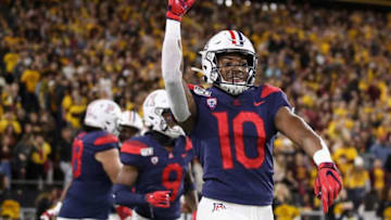 TEMPE, ARIZONA - NOVEMBER 30: Wide receiver Jamarye Joiner #10 of the Arizona Wildcats celebrates after scoring on a 48 yard touchdown reception against the Arizona State Sun Devils during the first half of the NCAAF game at Sun Devil Stadium on November 30, 2019 in Tempe, Arizona. (Photo by Christian Petersen/Getty Images)