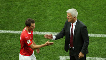 ROSTOV-ON-DON, RUSSIA - JUNE 17: Vladimir Petkovic, Head coach of Switzerland greets Stephan Lichtsteiner of Switzerland as he is substituted off during the 2018 FIFA World Cup Russia group E match between Brazil and Switzerland at Rostov Arena on June 17, 2018 in Rostov-on-Don, Russia. (Photo by Catherine Ivill/Getty Images)