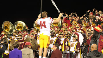 12 November 2016: USC quarterback #14 Sam Danold leads the Trojan band in a song after the game against Washington. USC defeated Washington 36-13 at Husky Stadium on November 12, 2016, in Seattle, WA. (Photo by Jesse Beals/Icon Sportswire via Getty Images)