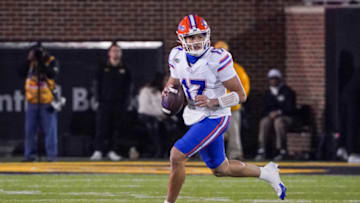 Nov 18, 2023; Columbia, Missouri, USA; Florida Gators quarterback Max Brown (17) drops back to pass against the Missouri Tigers during the second half at Faurot Field at Memorial Stadium. Mandatory Credit: Denny Medley-USA TODAY Sports
