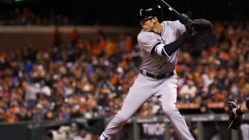 Apr 22, 2016; San Francisco, CA, USA; Miami Marlins left fielder Christian Yelich (21) at bat against the San Francisco Giants during the eighth inning at AT&T Park. Mandatory Credit: Kelley L Cox-USA TODAY Sports