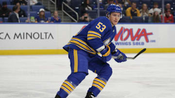 BUFFALO, NEW YORK - SEPTEMBER 27: Jeff Skinner #53 of the Buffalo Sabres skates during the first period against the Philadelphia Flyers at KeyBank Center on September 27, 2022 in Buffalo, New York. (Photo by Joshua Bessex/Getty Images)