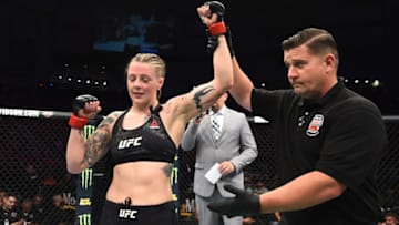 LINCOLN, NE - AUGUST 25: Joanne Calderwood of Scotland celebrates after her submission victory over Kalindra Faria of Brazil in their women's flyweight fight during the UFC Fight Night event at Pinnacle Bank Arena on August 25, 2018 in Lincoln, Nebraska. (Photo by Josh Hedges/Zuffa LLC/Zuffa LLC via Getty Images)