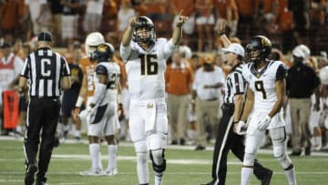 Sep 19, 2015; Austin, TX, USA; California Golden Bears quarterback Jared Goff (16) reacts in the final seconds against the Texas Longhorns during the fourth quarter at Darrell K Royal-Texas Memorial Stadium. Cal beat Texas 45-44. Mandatory Credit: Brendan Maloney-USA TODAY Sports