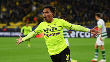 Donyell Malen of Borussia Dortmund celebrates after scoring. (Photo by Frederic Scheidemann/Getty Images)