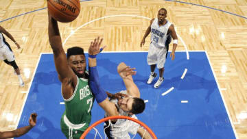 ORLANDO, FL - DECEMBER 7: Jaylen Brown #7 of the Boston Celtics goes for the dunk during the game against the Orlando Magic on December 7, 2016 at Amway Center in Orlando, Florida Or. NOTE TO USER: User expressly acknowledges and agrees that, by downloading and or using this Photograph, user is consenting to the terms and conditions of the Getty Images License Agreement. Mandatory Copyright Notice: Copyright 2016 NBAE (Photo by Fernando Medina/NBAE via Getty Images)