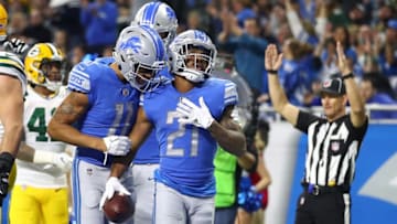 DETROIT, MI - DECEMBER 31: Ameer Abdullah #21 of the Detroit Lions celebrates his touchdown against the Green Bay Packers during the fourth quarter at Ford Field on December 31, 2017 in Detroit, Michigan. (Photo by Gregory Shamus/Getty Images)