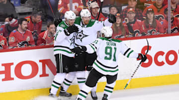 May 5, 2022; Calgary, Alberta, CAN; Dallas Stars forward Michael Raffl (18) celebrates his goal on the Calgary Flames in the third period in game two of the first round of the 2022 Stanley Cup Playoffs at Scotiabank Saddledome. Dallas won 2-0. Mandatory Credit: Candice Ward-USA TODAY Sports