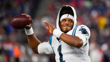 FOXBOROUGH, MA - AUGUST 22: Cam Newton #1 of the Carolina Panthers warms up prior to the start of the preseason game against the New England Patriots at Gillette Stadium on August 22, 2019 in Foxborough, Massachusetts. (Photo by Kathryn Riley/Getty Images)