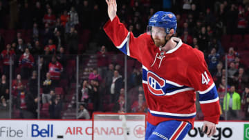 MONTREAL, QC - MARCH 2: Paul Byron #41 of the Montreal Canadiens salutes the crowd after being named the first star of the game against the Nashville Predators in the NHL game at the Bell Centre on March 2, 2017 in Montreal, Quebec, Canada. (Photo by Francois Lacasse/NHLI via Getty Images)