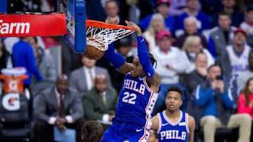 PHILADELPHIA, PA - MARCH 28: Philadelphia 76ers Center Richaun Holmes (22) puts in a dunk in the first half during the game between the New York Knicks and Philadelphia 76ers on March 28, 2018 at Wells Fargo Center in Philadelphia, PA. (Photo by Kyle Ross/Icon Sportswire via Getty Images)