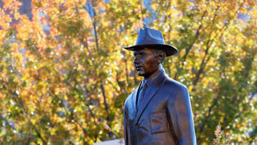 NORMAN, OK - NOVEMBER 9: A statue of former head coach Benjamin Gilbert "Bennie" Owen of the Oklahoma Sooners stands outside Gaylord Family Oklahoma Memorial Stadium on November 9, 2019 in Norman, Oklahoma. OU held on to win 42-41. (Photo by Brian Bahr/Getty Images)