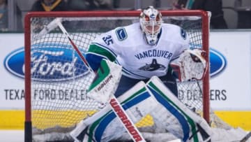 Mar 6, 2014; Dallas, TX, USA; Vancouver Canucks goalie Jacob Markstrom (35) skates in warm-ups prior to the game against the Dallas Stars at the American Airlines Center. The Stars defeated the Canucks 6-1. Mandatory Credit: Jerome Miron-USA TODAY Sports