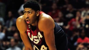 Aug 16, 2014; Chicago, IL, USA; United States center Anthony Davis (14) during a game against Brazil at the United Center. Mandatory Credit: David Banks-USA TODAY Sports