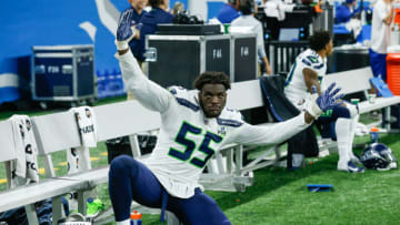 DETROIT, MI - OCTOBER 28: Seattle Seahawks defensive end Frank Clark (55) is seen on the sideline celebrating a defensive play during a regular season game between the Seattle Seahawks and the Detroit Lions on October 28, 2018 at Ford Field in Detroit, Michigan. (Photo by Scott W. Grau/Icon Sportswire via Getty Images)