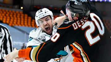Potential New York Ranger Kurtis Gabriel (left) and Anaheim Ducks left wing Nicolas Deslauriers (20) trade punches Mandatory Credit: Robert Hanashiro-USA TODAY Sports