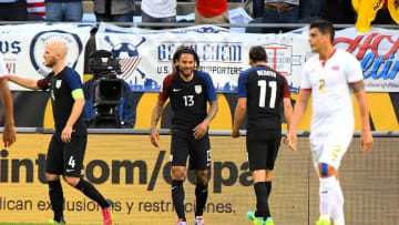 Jun 7, 2016; Chicago, IL, USA; United States midfielder Jermaine Jones (13) reacts after scoring a goal against Costa Rica in the first half during the group play stage of the 2016 Copa America Centenario. at Soldier Field. Mandatory Credit: Mike DiNovo-USA TODAY Sports